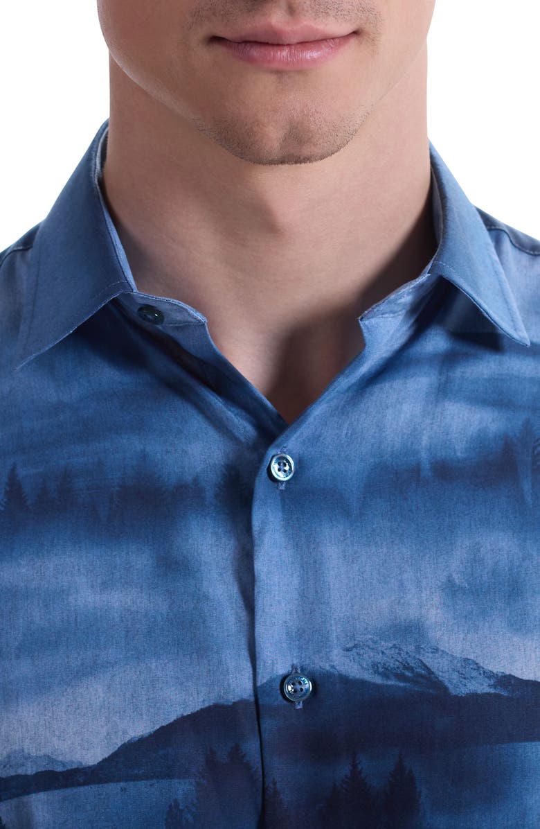 Bugatchi Julian Shaped Fit Landscape Print Lyocell Button-Up Shirt, Alternate, color, Teal
