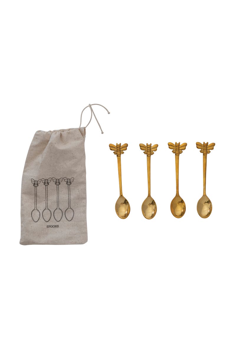 Storied Home Farmhouse Brass Spoons with Bee Handles in Drawstring Bag, Main, color, Brass
