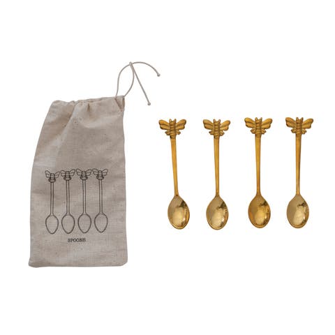 Farmhouse Brass Spoons with Bee Handles in Drawstring Bag