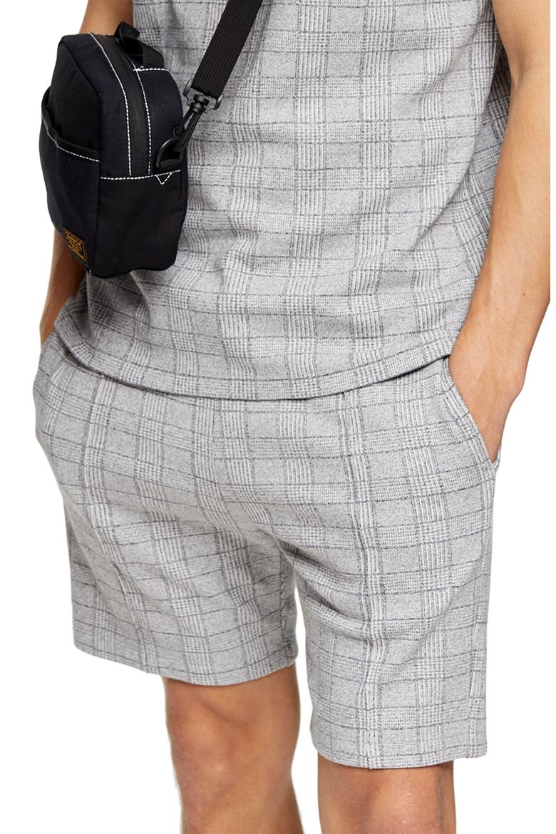 Skinny Fit Glen Plaid Drawstring Shorts, Main, color, GREY