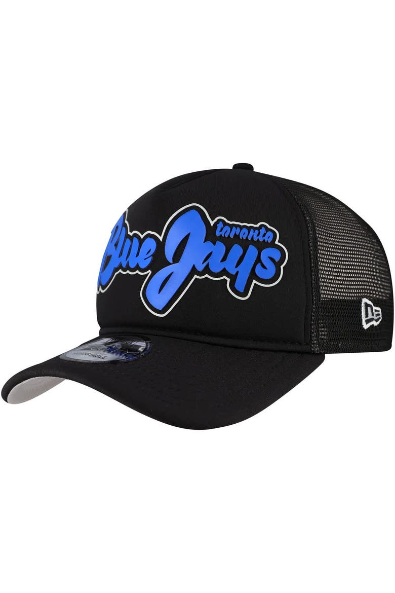 Men's New Era Black Toronto Blue Jays Retro Bold A-Frame Trucker 9FORTY Adjustable Hat, Main, color, Black