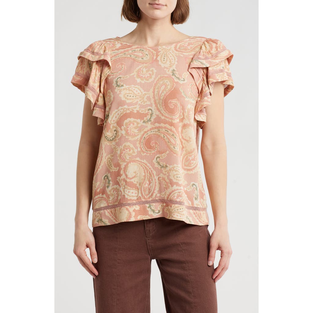 Daniel Rainn Mesh Inset Flutter Sleeve Top In Light Camel