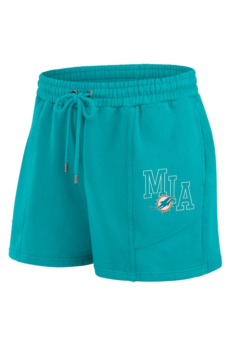 Women's WEAR by Erin Andrews Aqua Miami Dolphins Washed Fleece Long Sleeve T-Shirt & Shorts Lounge Set, Alternate, color, Aqua