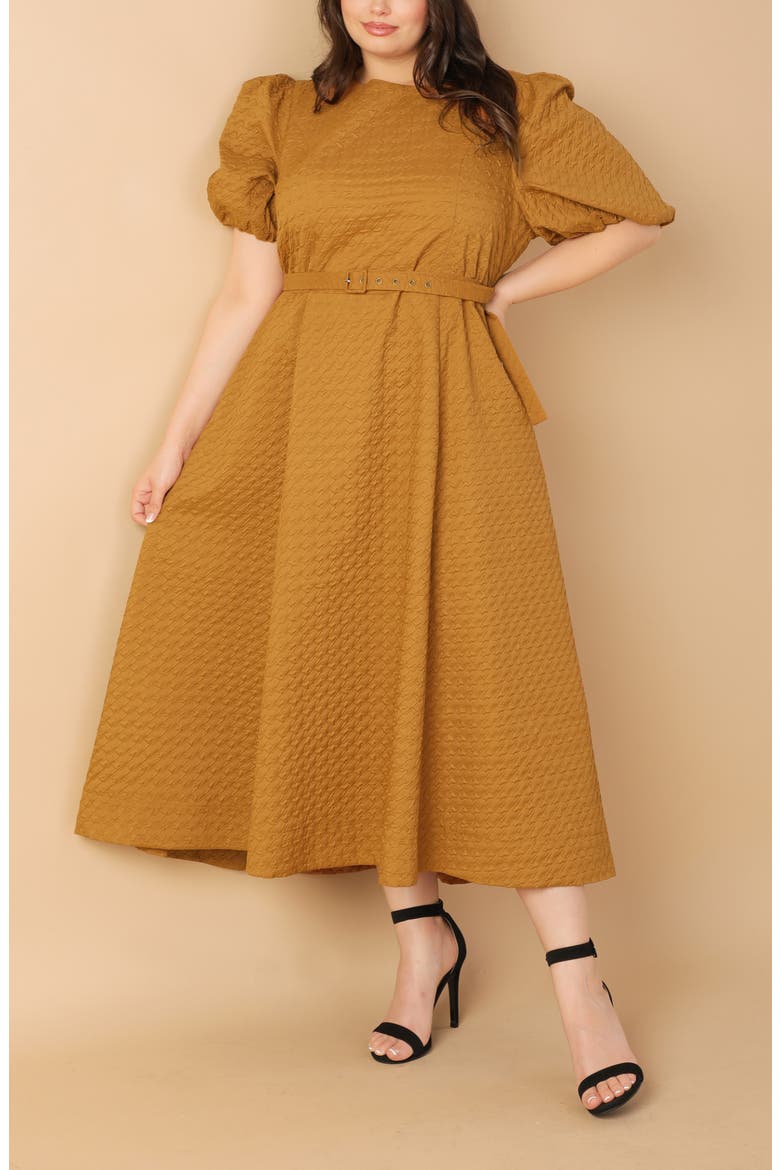 Belted Houndstooth Puff Sleeve Maxi Dress, Alternate, color, CAMEL