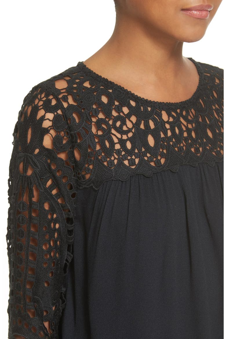 'Lindy' Lace Trim Babydoll Top, Alternate, color, CAVIAR