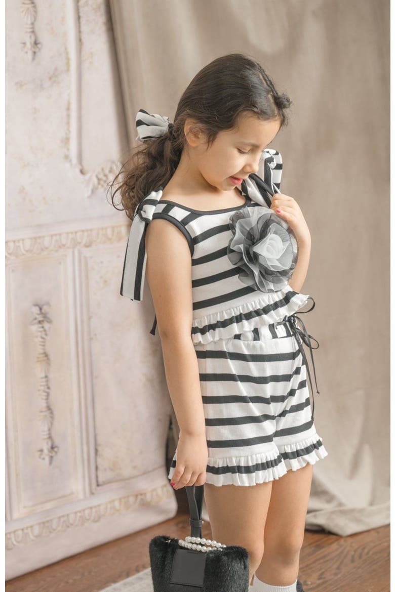 Monaco Striped Girls' Top and Shorts Set, Alternate, color, Black and White
