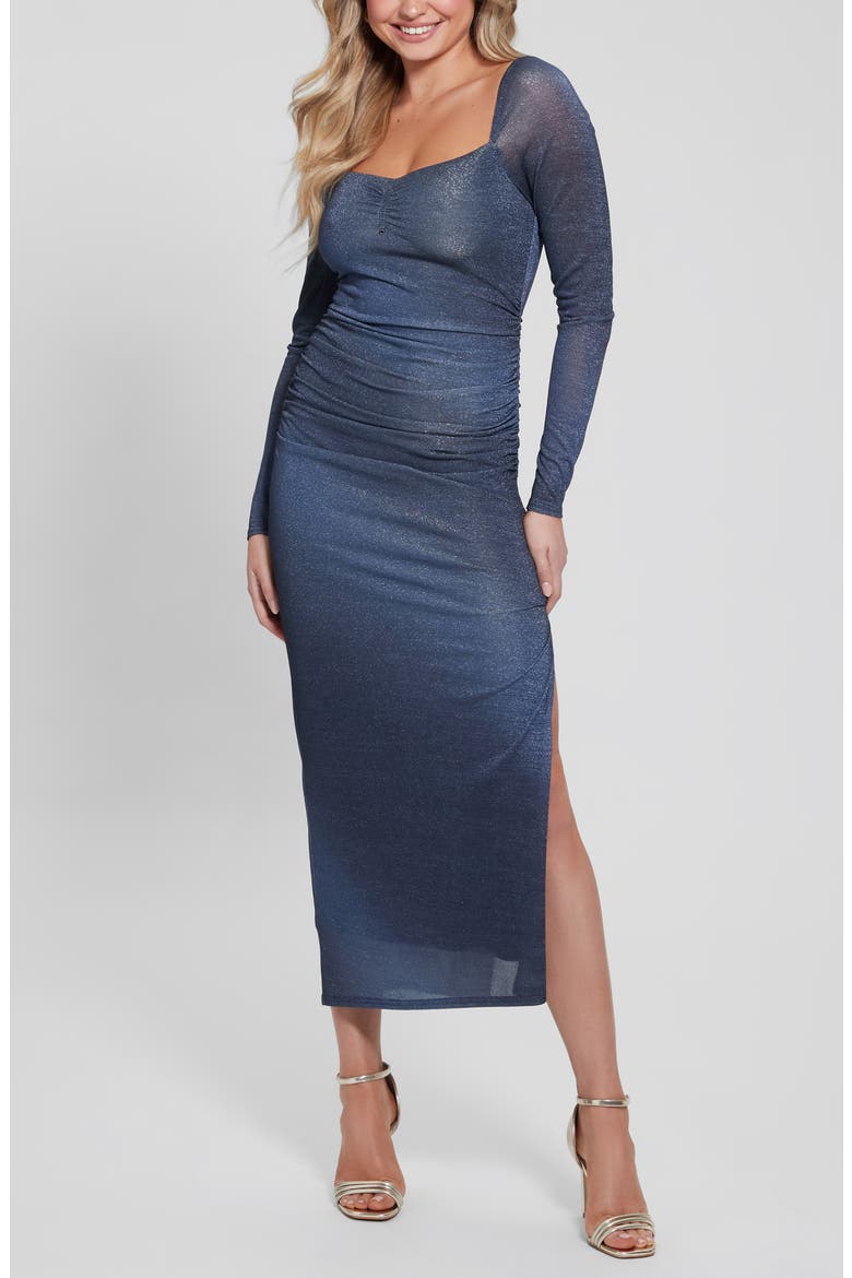 Sharae Shimmer Long Sleeve Body-Con Maxi Dress, Main, color, SUMMER NIGHT BLUE MULTI