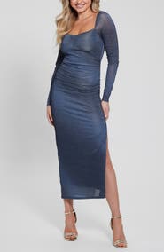 GUESS Sharae Shimmer Long Sleeve Body-Con Maxi Dress