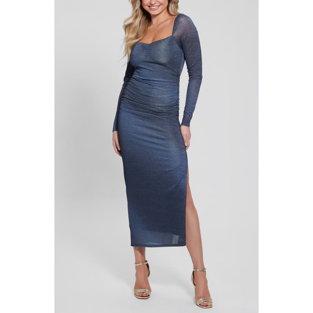 Guess Sharae Shimmer Long Sleeve Body-con Maxi Dress In Summer Night Blue Multi
