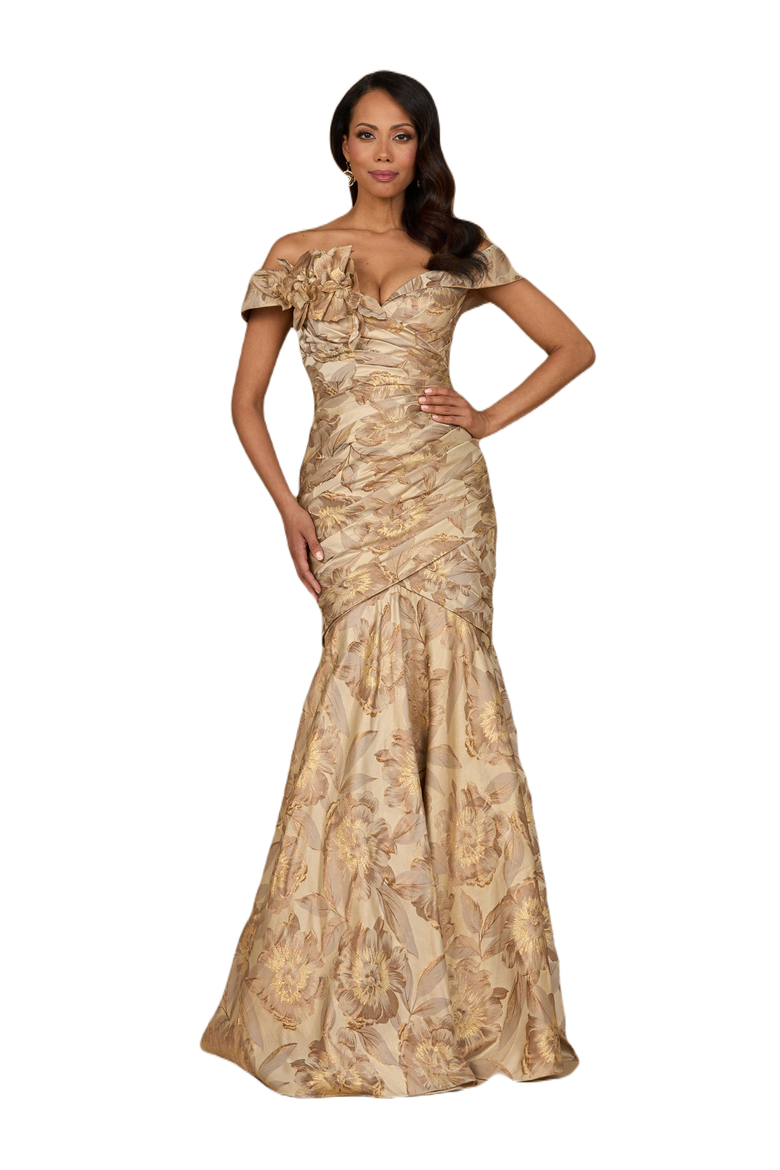 Off Shoulder Brocade Mermaid Gown, Main, color, Champagne Gold