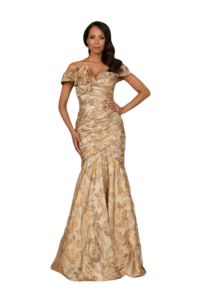 LARA New York Off Shoulder Brocade Mermaid Gown, Main, color, Champagne Gold