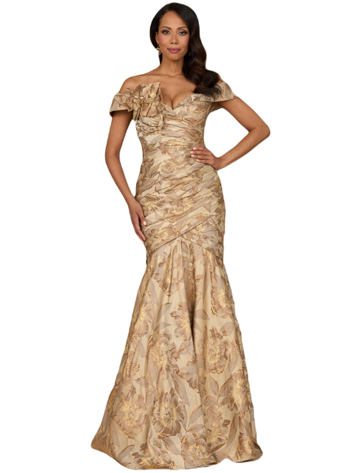 Lara New York Off Shoulder Brocade Mermaid Gown In Champagne Gold