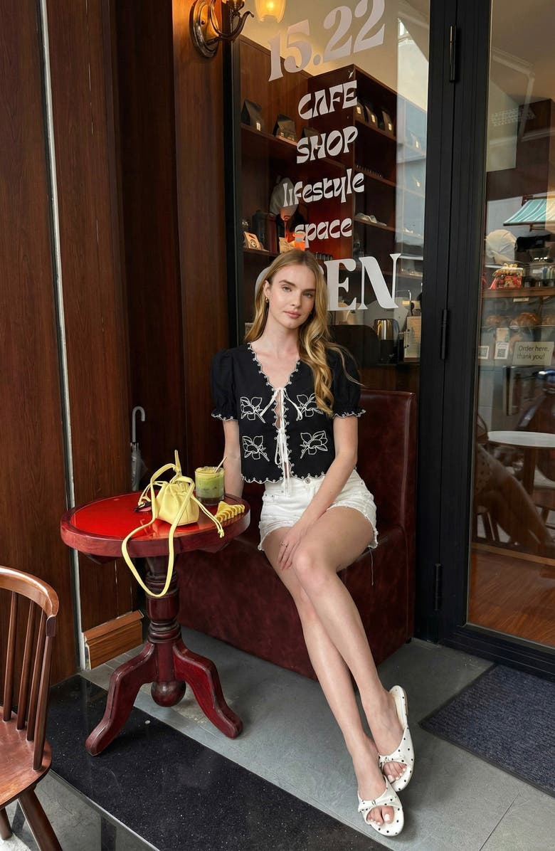 Modenaire Puff Sleeve Embroidered Front Tie Blouse, Alternate, color, Black / White