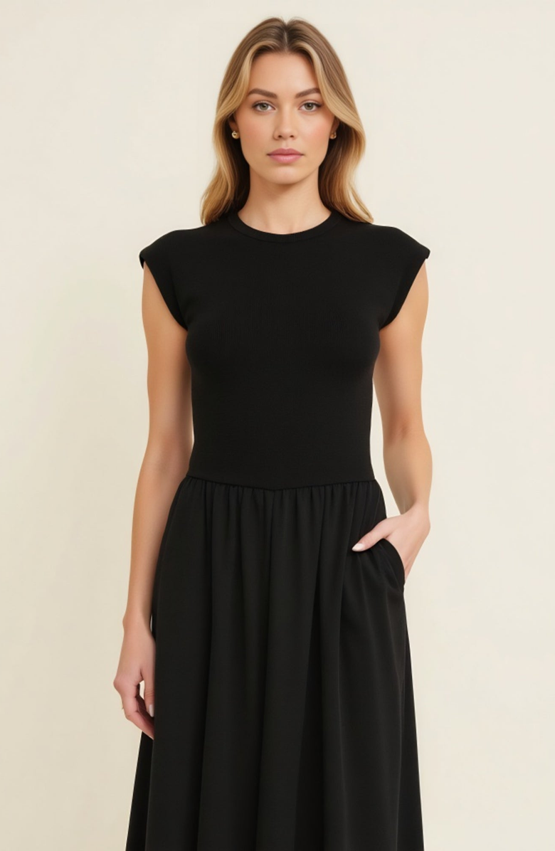 Modenaire Cap Sleeve Fitted Bodice Dress with Gathered Midi Skirt and Pockets, Alternate, color, Black
