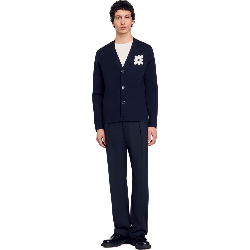 Sandro Flower Patch Regular Fit Cardigan In Navy Blue