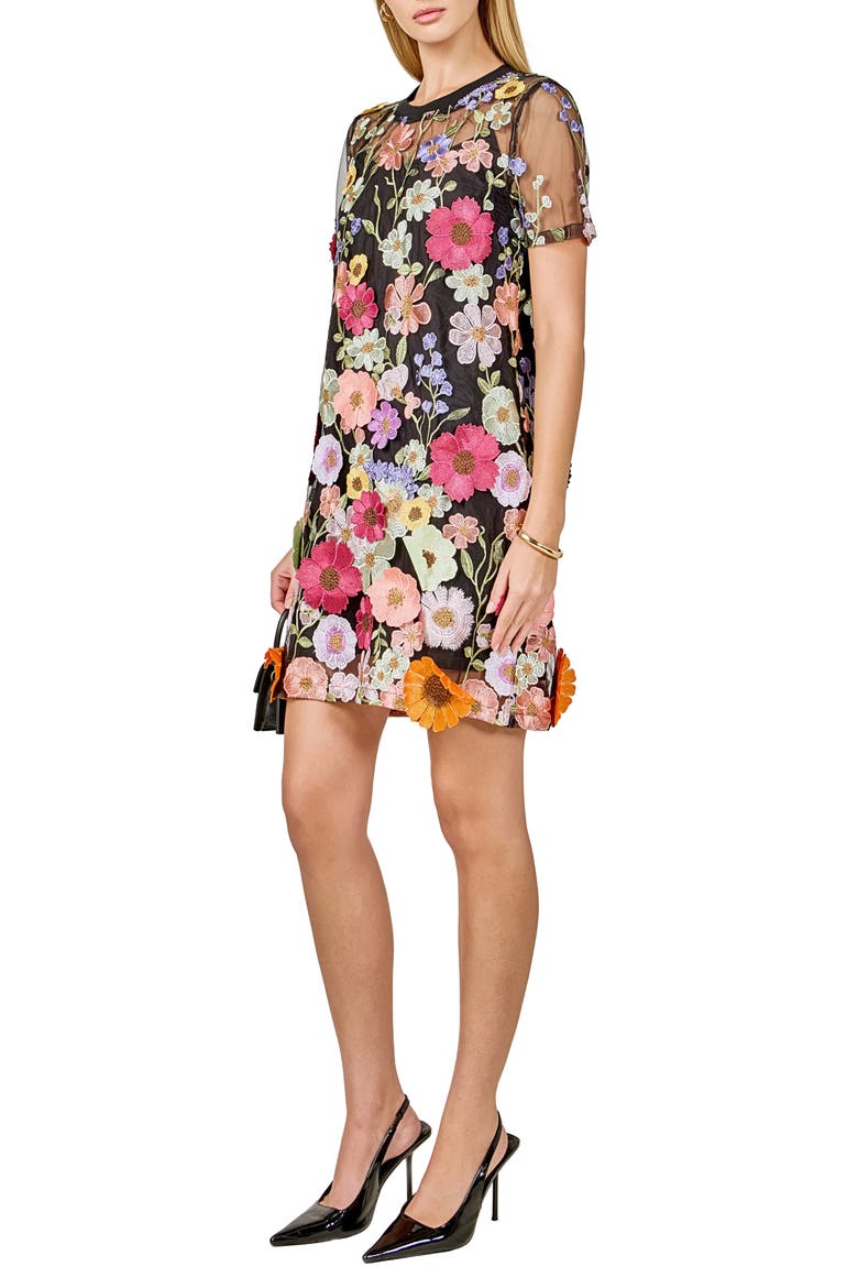 Floral Appliqué Shift Dress, Alternate, color, BLACK