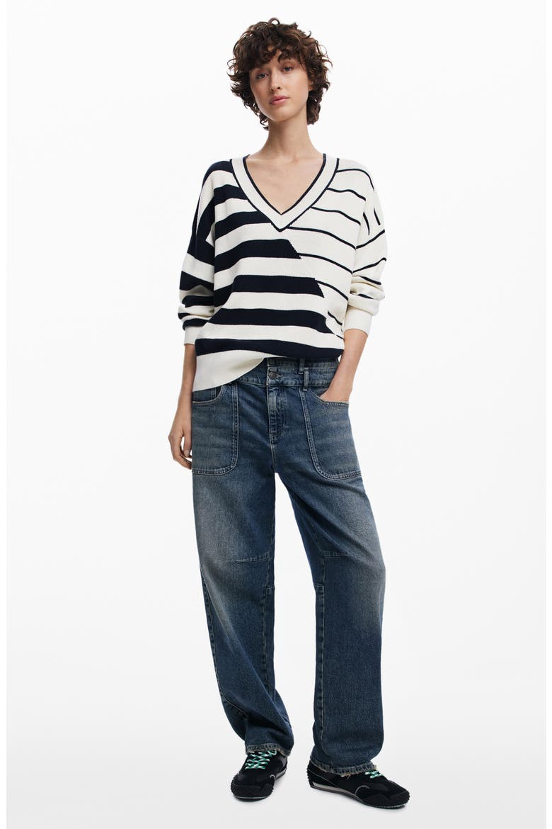 Variegated Stripe V-Neck Sweater, Alternate, color, WHITE