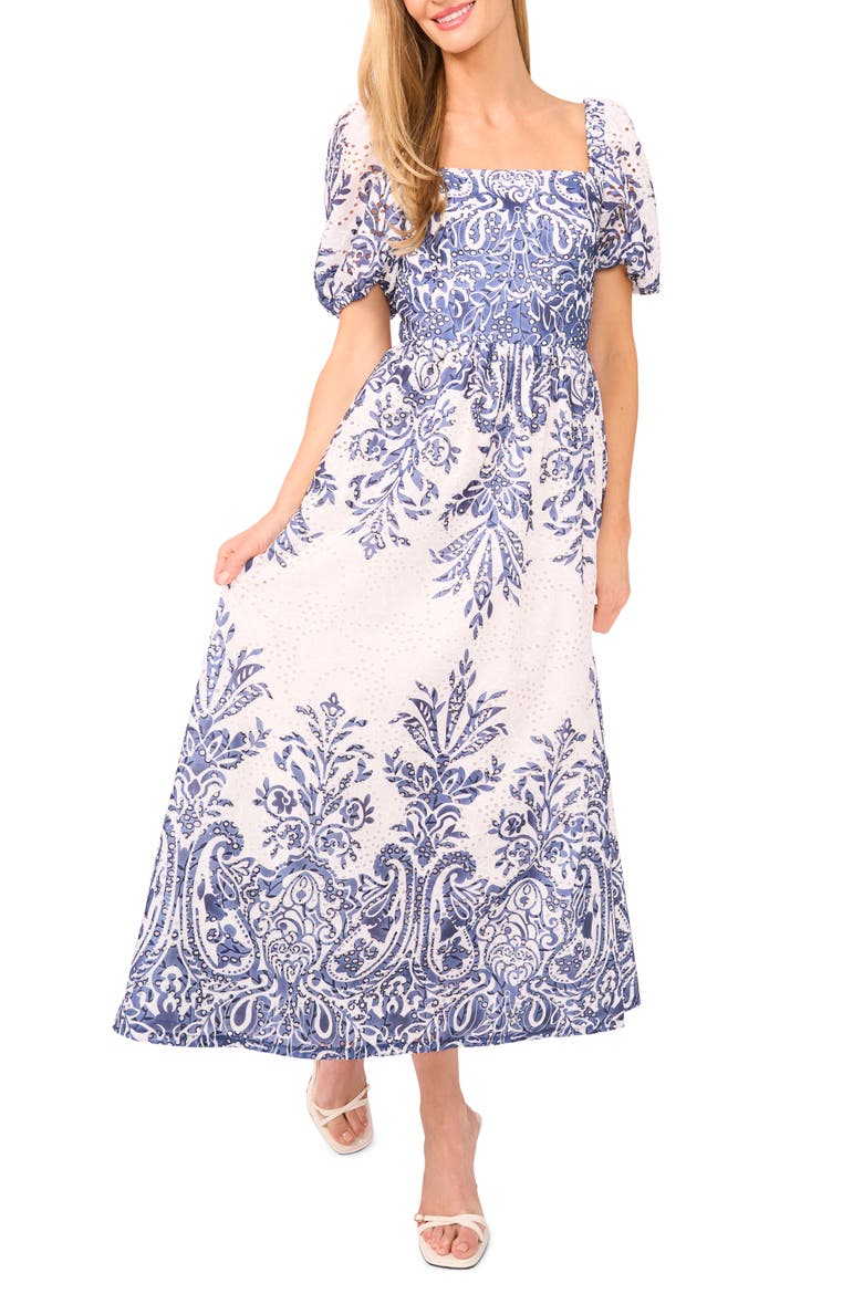 Print Eyelet Puff Sleeve Midi Dress, Alternate, color, CLASSIC NAVY