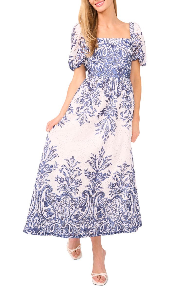 Ted Baker Print Eyelet Puff Sleeve Midi Dress, Alternate, color, Classic Navy