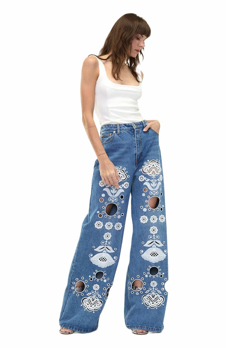 Cynthia Rowley Embroidered Wide-leg Jean, Alternate, color, Blue/White