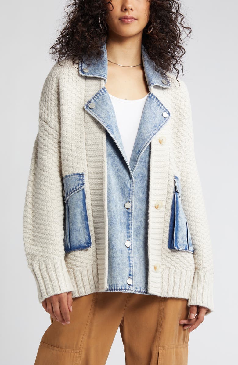 BLANKNYC Mixed Media Denim Trim Cardigan, Alternate, color, 