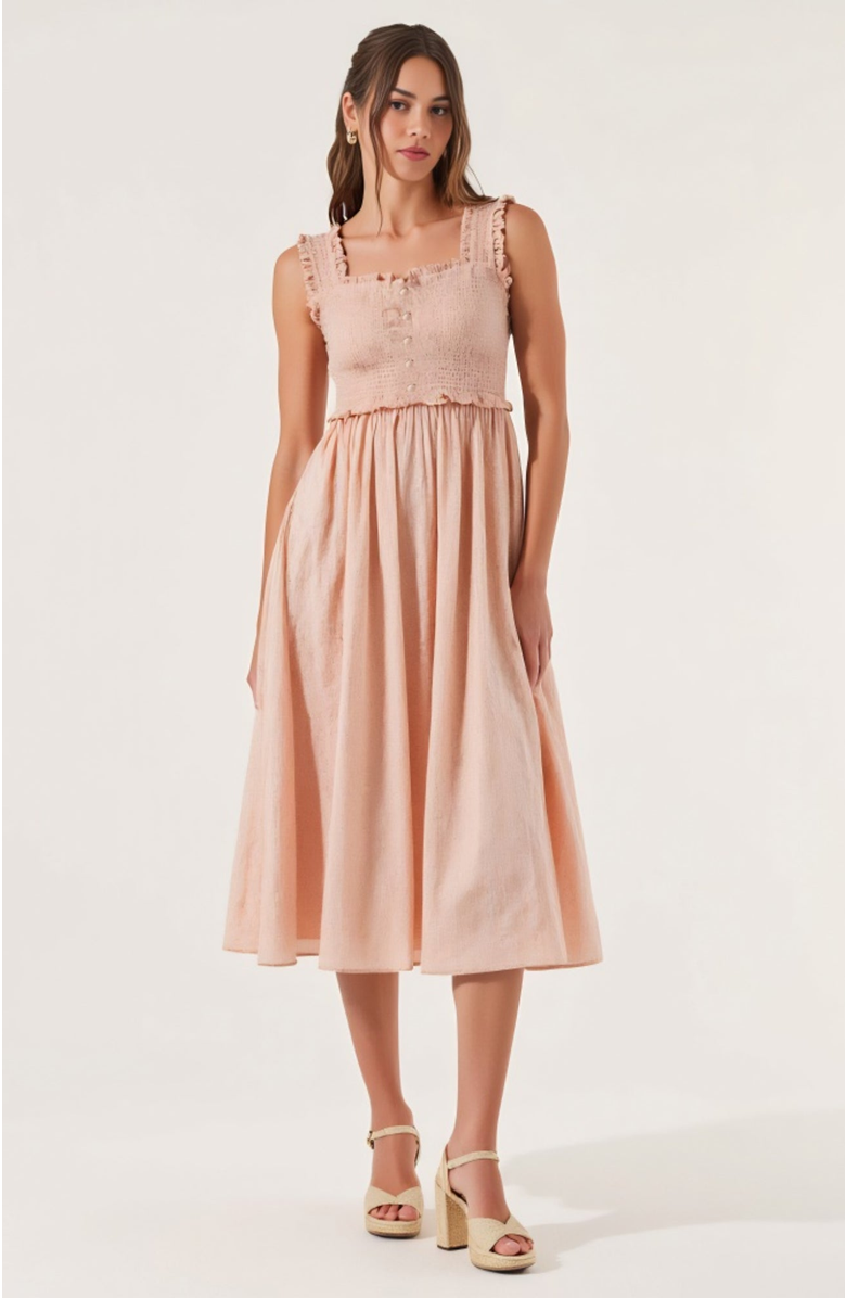 Modenaire Smocked Button-Front Ruffle-Strap Midi Dress, Alternate, color, Light Pink