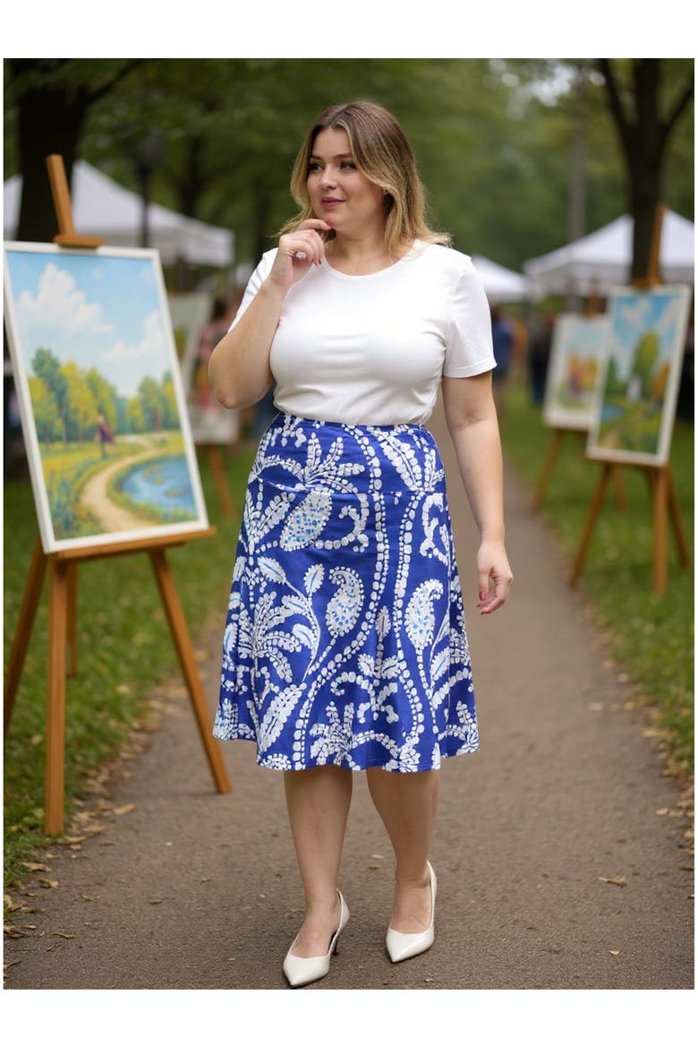 Plus Size Paisley Elastic Waist Knee Length A-Line Skirt, Alternate, color, Blue Multi