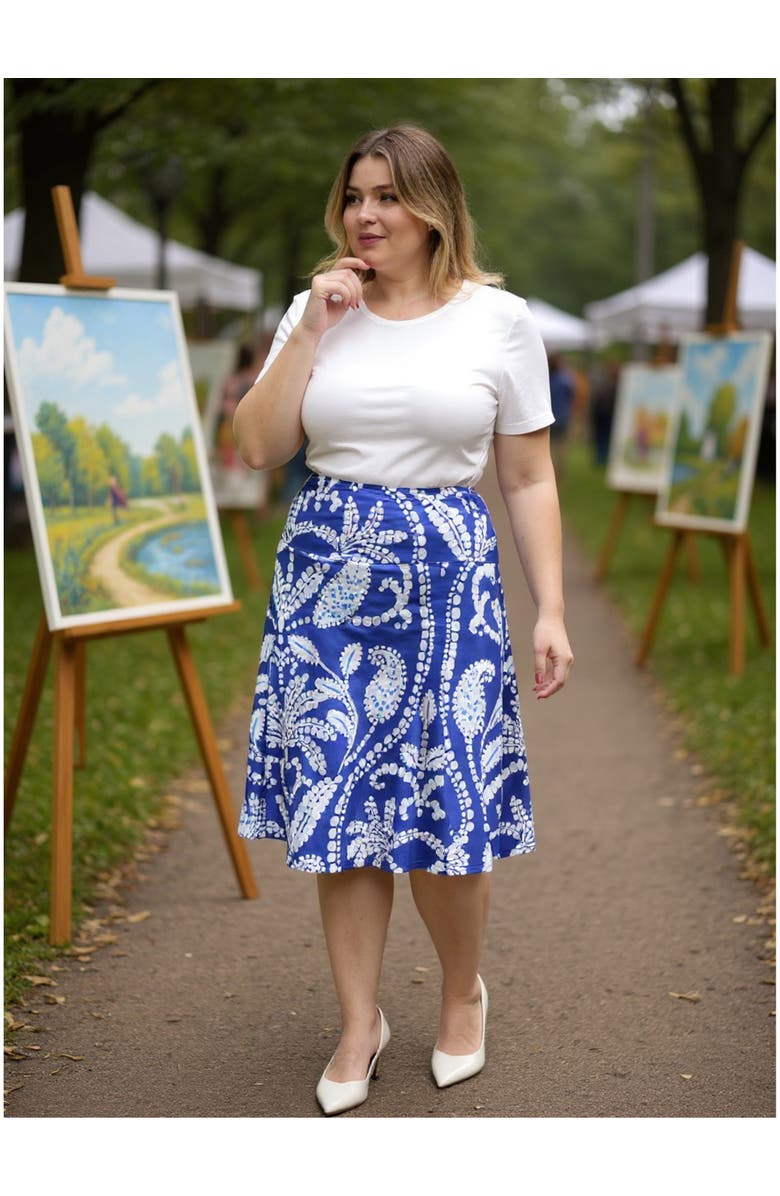 24seven Comfort Apparel Plus Size Paisley Elastic Waist Knee Length A-Line Skirt, Alternate, color, Blue Multi