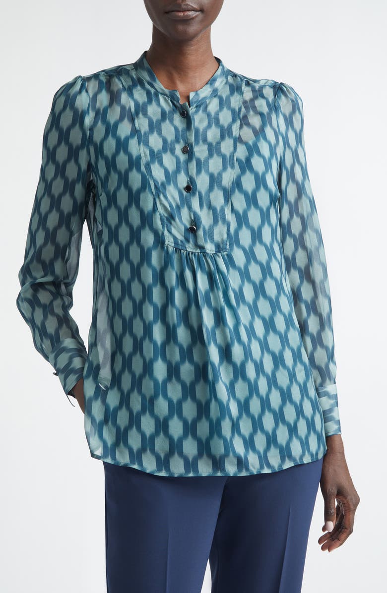 ST. JOHN Geometric Print Silk Georgette Top, Main, color, Tourmaline Ice Blue Multi