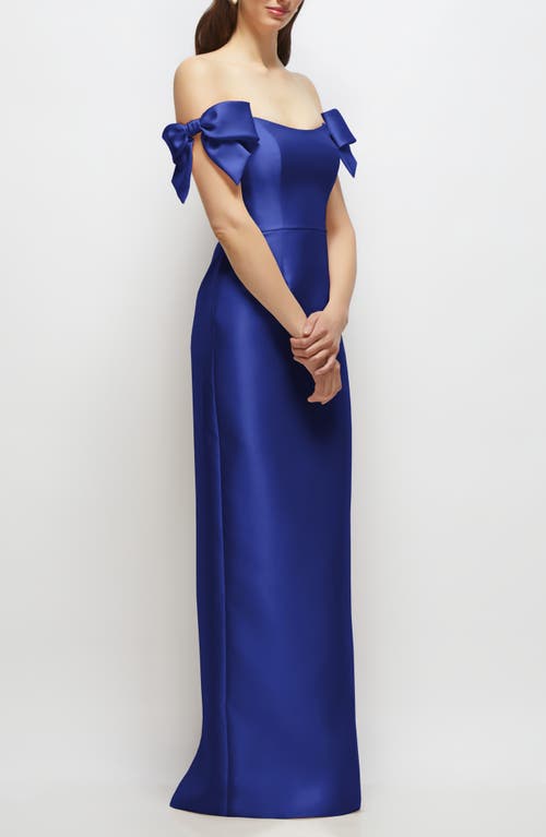 Alfred Sung Off The Shoulder Satin Column Gown In Blue
