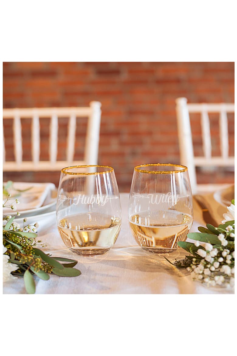 Hubby/Wifey Set of 2 Gold Rimmed Stemless Wine Glasses, Alternate, color, GOLD