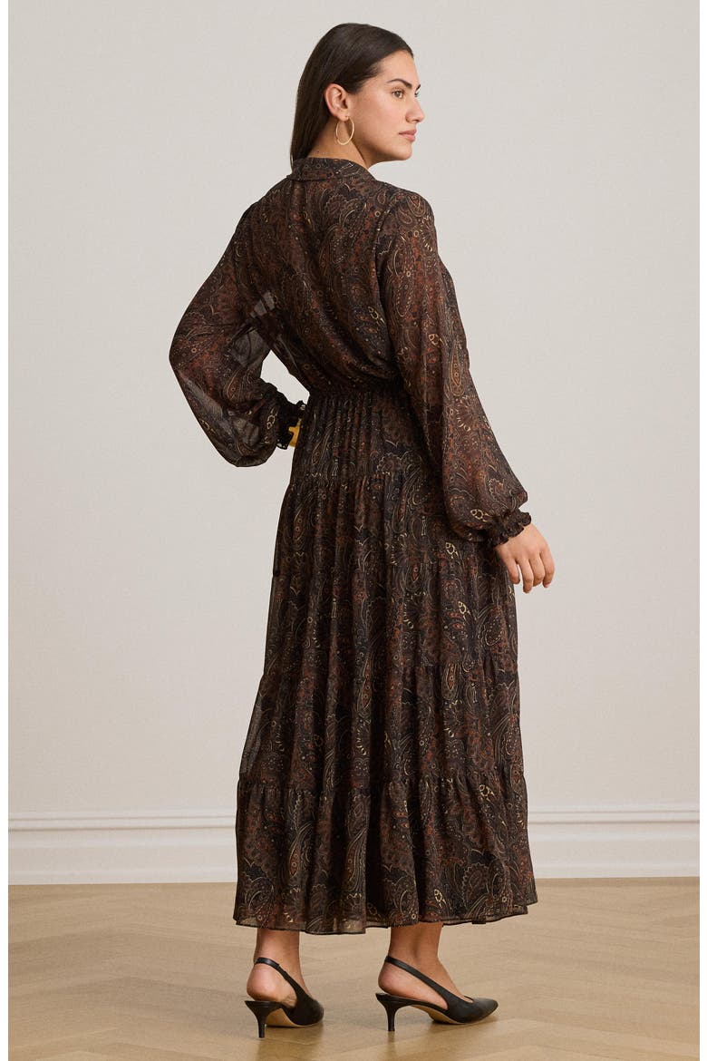 Paisley Long Sleeve Crinkle Georgette Midi Dress, Alternate, color, BLACK/ MULTI