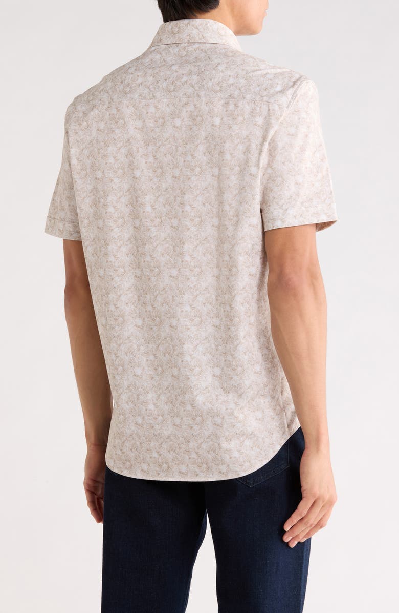 Bugatchi Abstract Print Stretch Cotton Short Sleeve Button-Up Shirt, Alternate, color, Sand