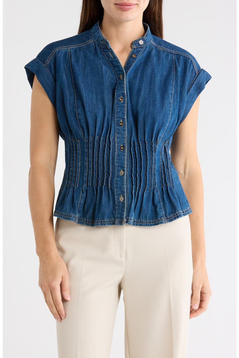 Pintucked Short Sleeve Denim Button-Up Shirt, Main, color, MEDIUM WASH