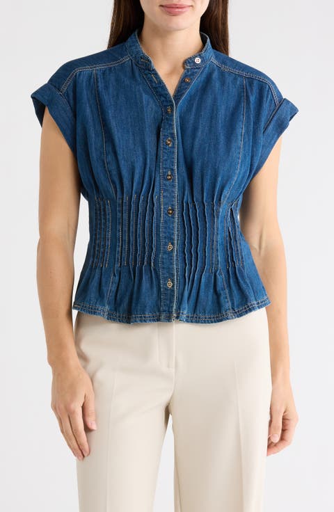 Pintucked Short Sleeve Denim Button-Up Shirt