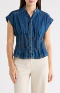 T Tahari Pintucked Short Sleeve Denim Button-Up Shirt