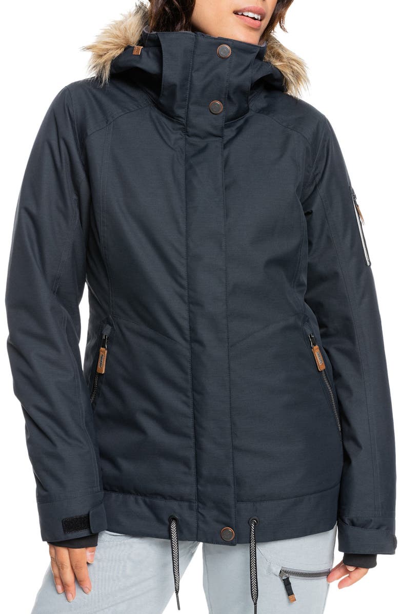 Roxy Meade Hooded Snow Jacket with Faux Fur Trim, Main, color, 