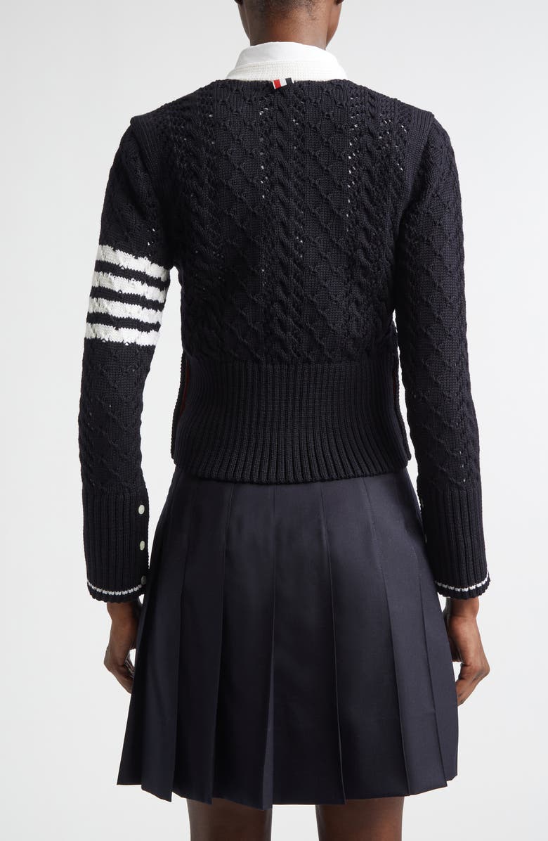 Thom Browne 4-Bar Pointelle Cable Virgin Wool Cardigan, Alternate, color, Navy
