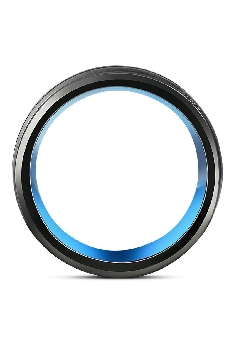 Men's Black & Blue Tungsten Ring Brushed Beveled Step Cut Wedding Band, Alternate, color, Black Tungsten