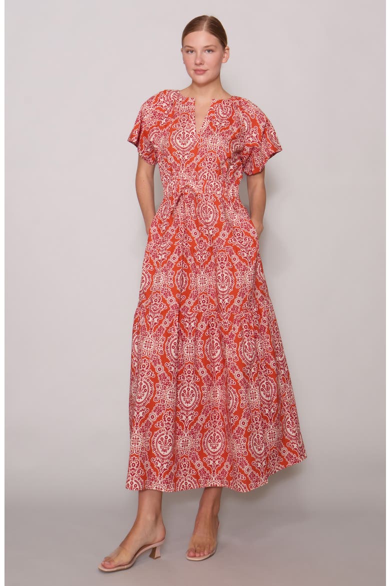 Floral Puff Sleeve Tiered Maxi Dress, Alternate, color, RUST STONE