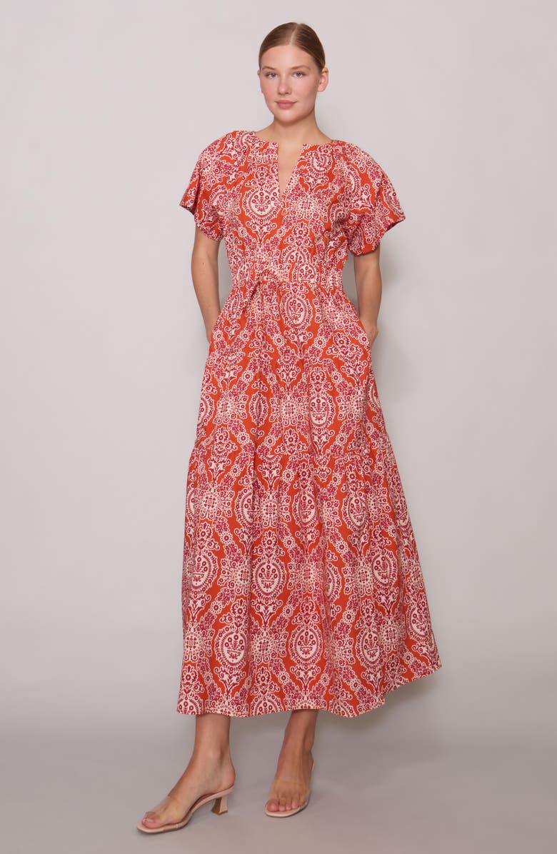 MELLODAY Floral Puff Sleeve Tiered Maxi Dress, Alternate, color, Rust Stone