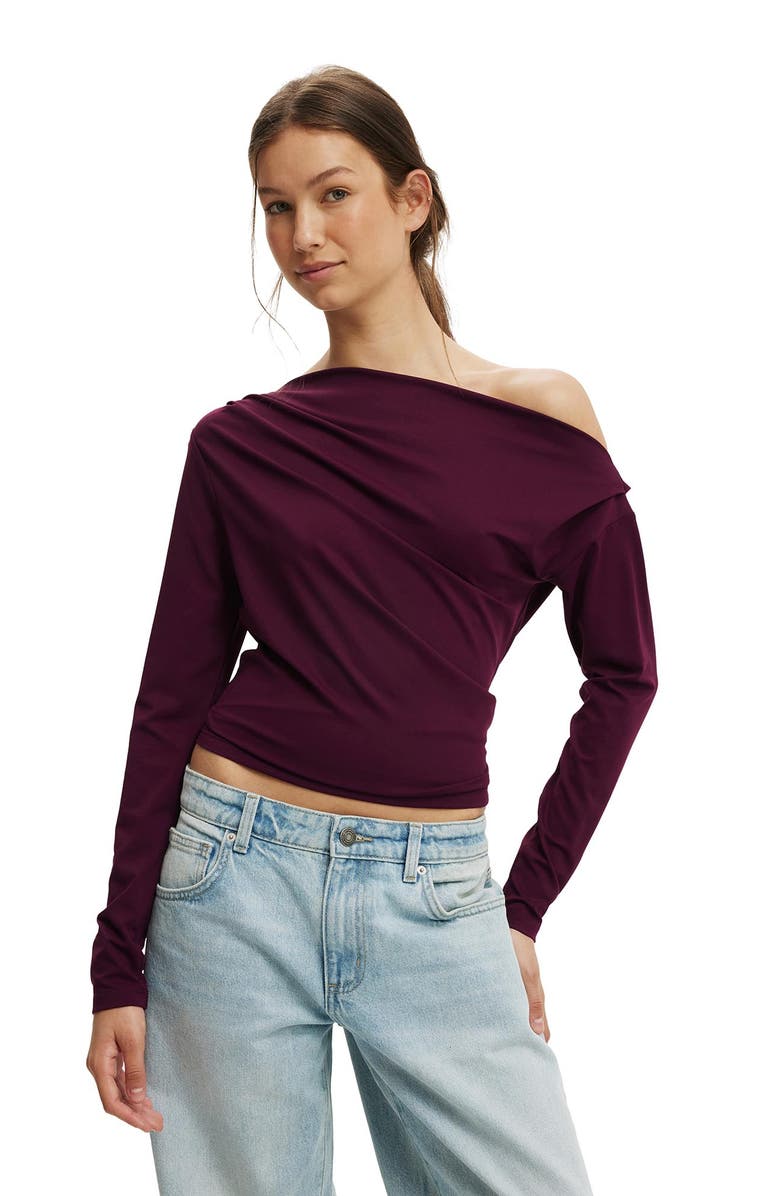Cotton On Women's Georgie Off Shoulder Long Sleeve, Main, color, Blackberry Belle
