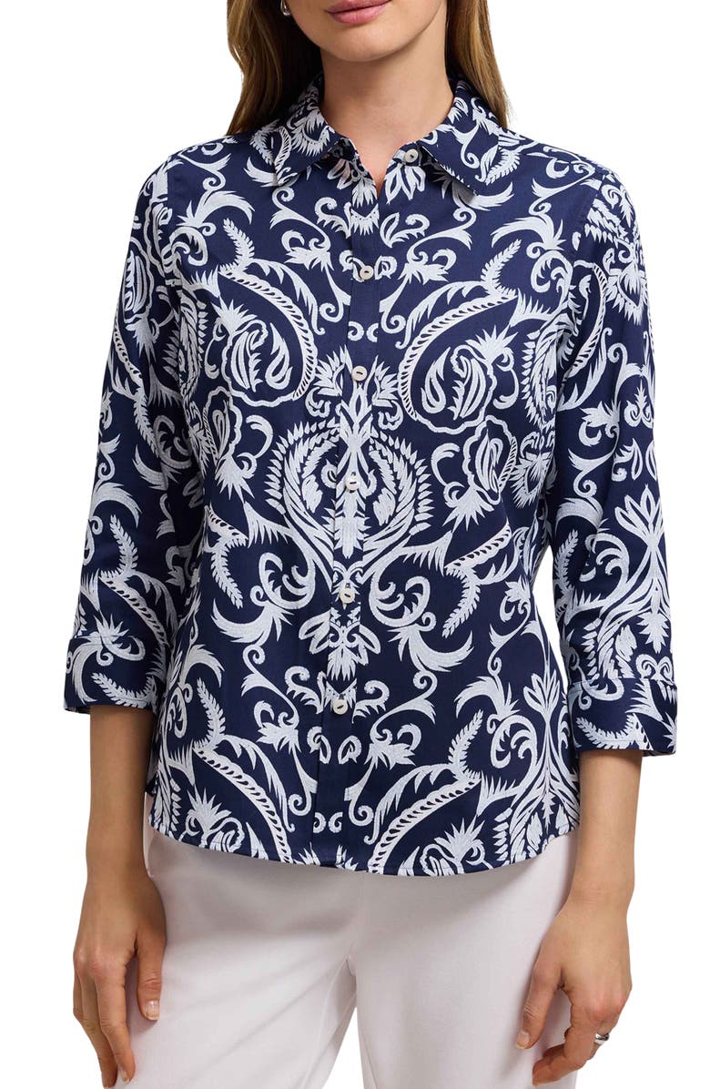 Foxcroft Hampton Damask Shirt, Main, color, Navy Blue/ White