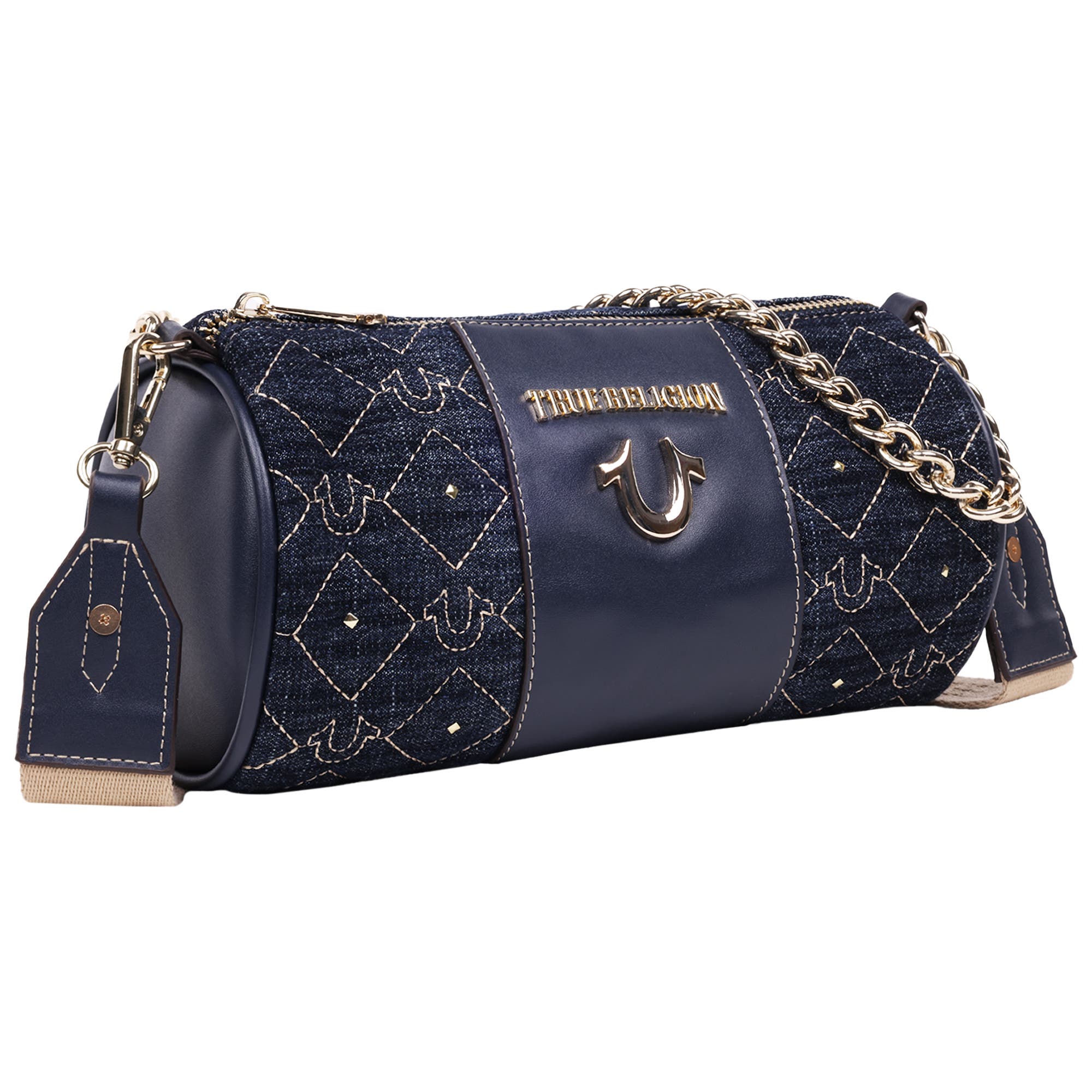 True Religion Studded Denim Zip Top Barrel Bag, Alternate, color, Dark Denim