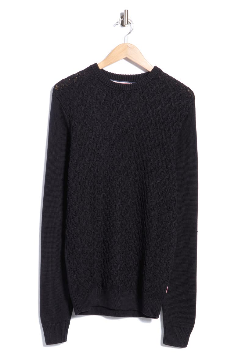 Textured Cable Knit Cotton Crewneck Sweater, Main, color, BLACK