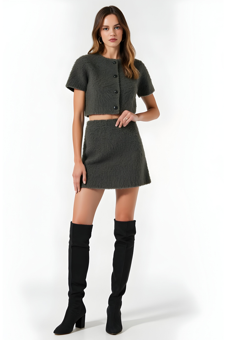 Fuzzy Knit Crop Top and Mini Skirt Set with Button Front Detail, Alternate, color, Gray