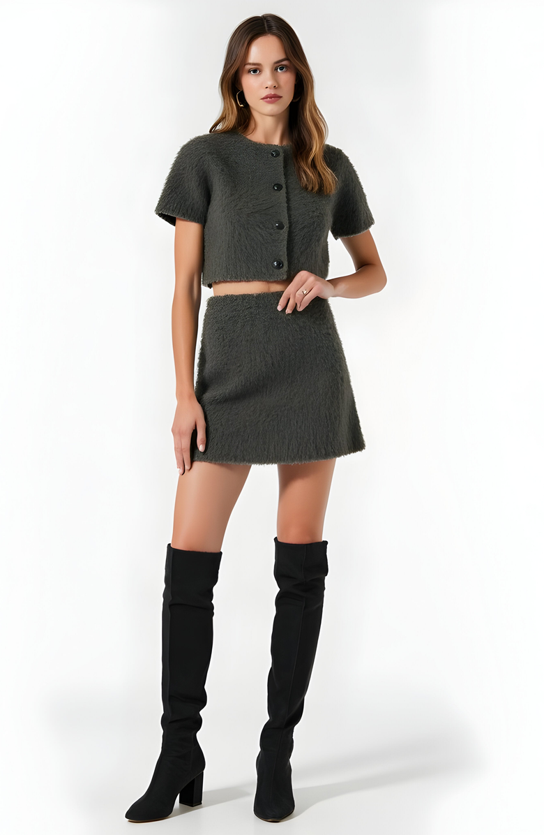 Modenaire Fuzzy Knit Crop Top and Mini Skirt Set with Button Front Detail, Alternate, color, Gray