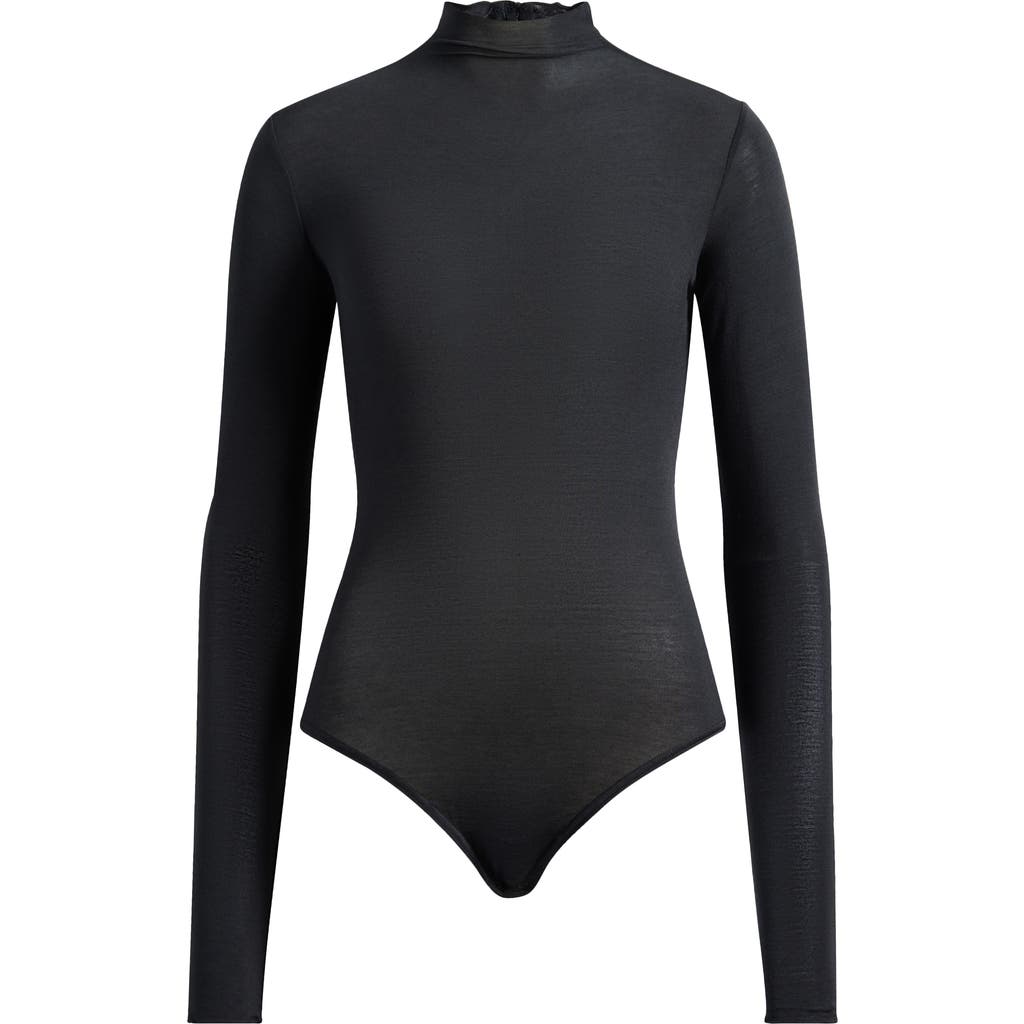 Skims Sheer Cashmere Long Sleeve Turtleneck Bodysuit In Black