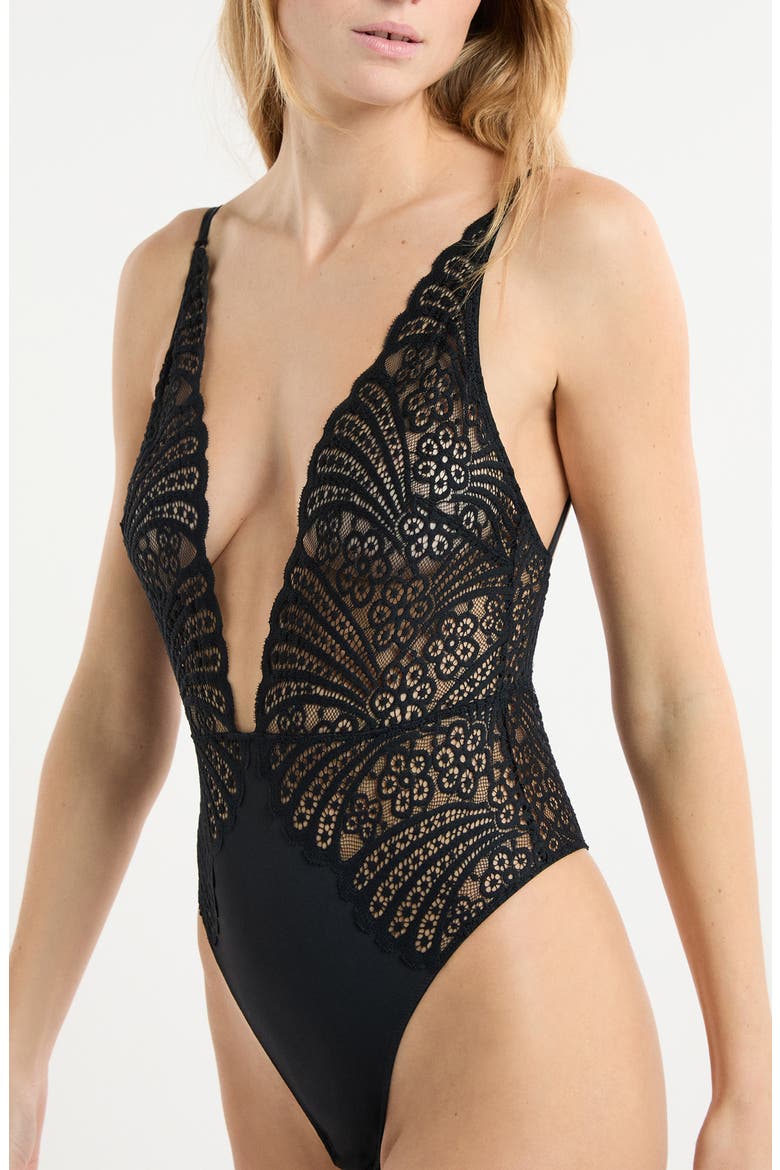 Etreinte Plunge Bodysuit, Alternate, color, BLACK