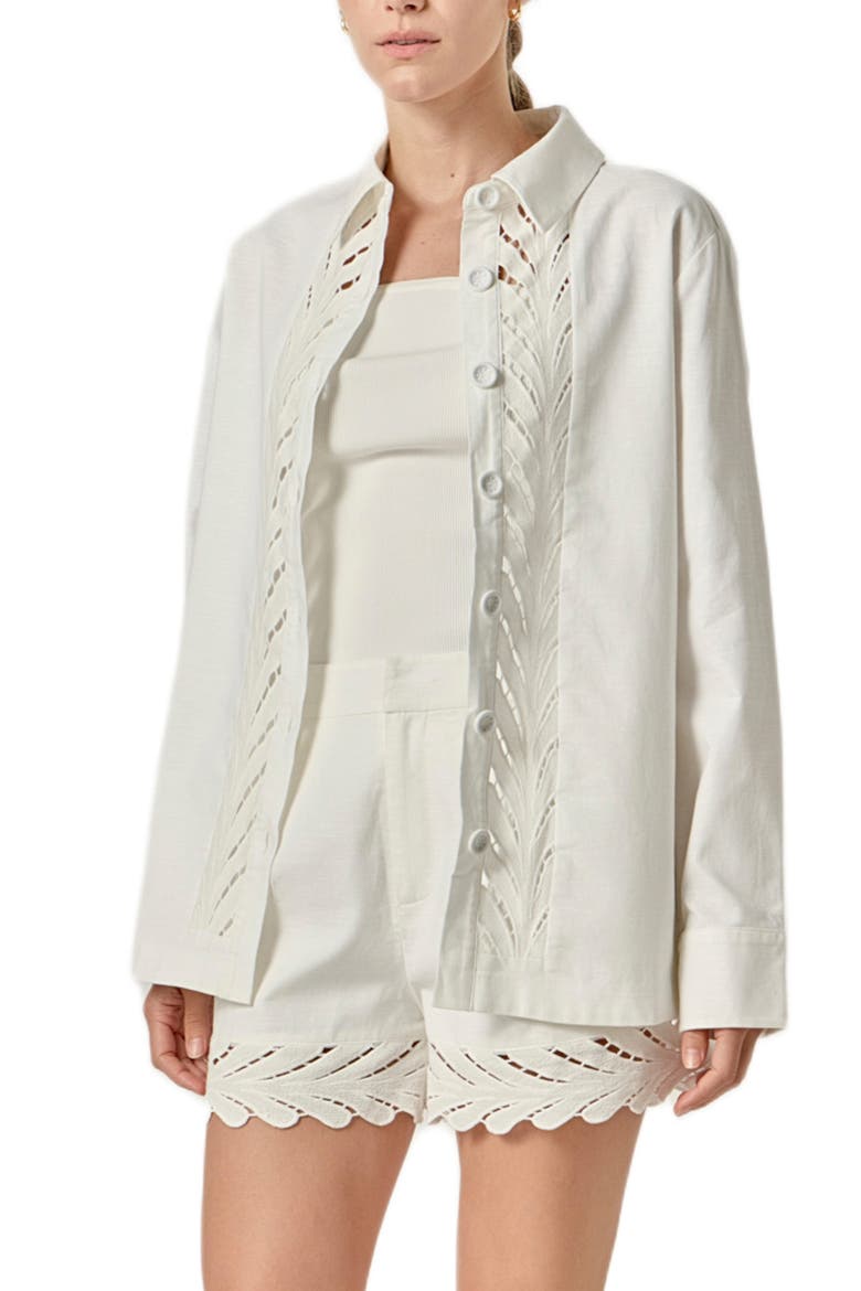 Eyelet Embroidered Oversize Linen & Cotton Button-Up Shirt, Alternate, color, OFF WHITE